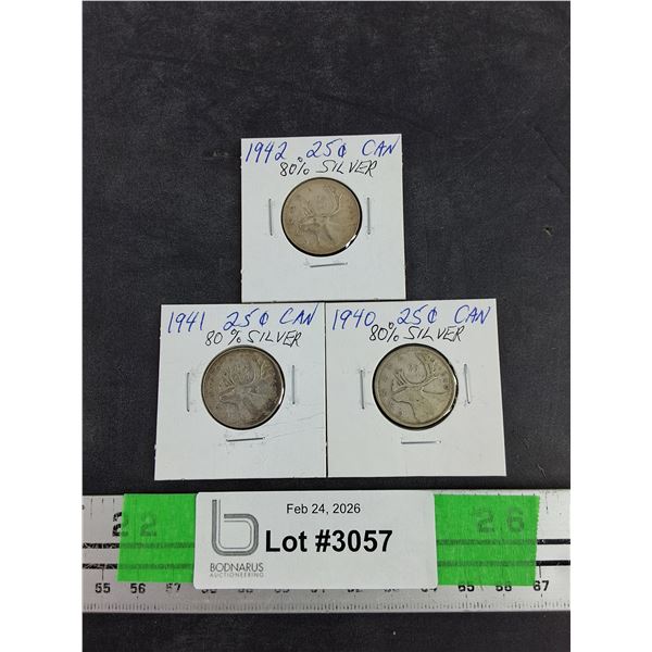 Vintage 1940 - 1942 Canadian 25 Cents 80% Silver Coins - Collectible
