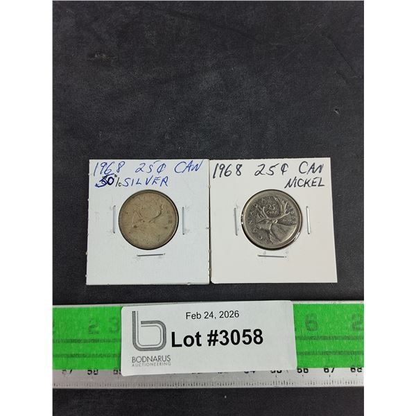 Vintage 1968 Canadian 25 Cents Coins - Nickel & 50% Silver - Collectible