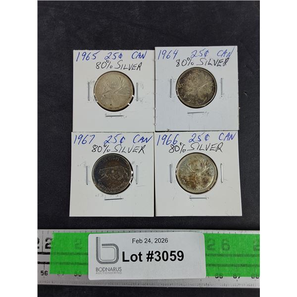 Vintage 1964 - 1967 Canadian 80% Silver 25 Cents Coins - Collectible