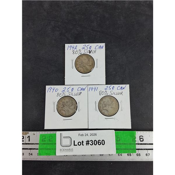 Vintage 1940 - 1942 Canadian 25 Cents 80% Silver Coins - Collectible