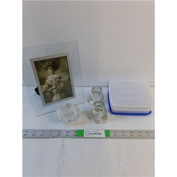 Glassware- Candle Holder, Picture Frame, Barrel, Misc Tupperware