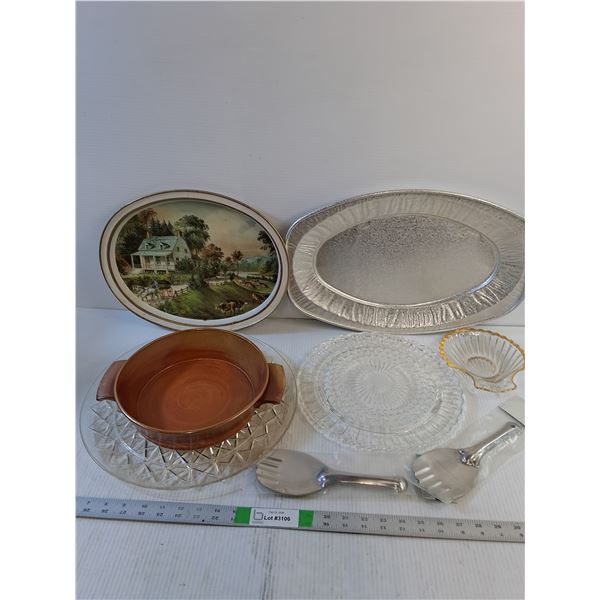 Assorted Glassware, Trays, Platters, Rice Spoons