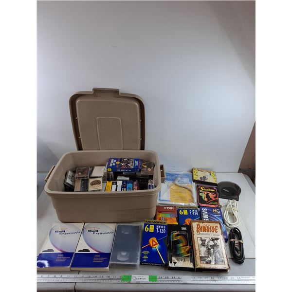 Assorted VHS, TV Cables, Bell ExpressVu Guides, Audio Cassettes, Container - PICK UP ONLY