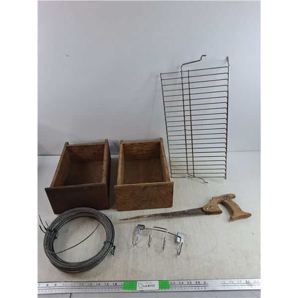 (2) Wooden Drawers 12" x 8" x 5", Hole Saw, Wire, Towel Wall Mount Rack, Misc - PICK UP