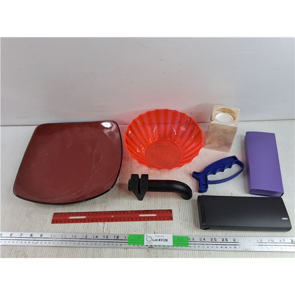 8 1/2" Plastic Bowl, Ruler, Knife Sharpeners, Square Dining Plate, Misc