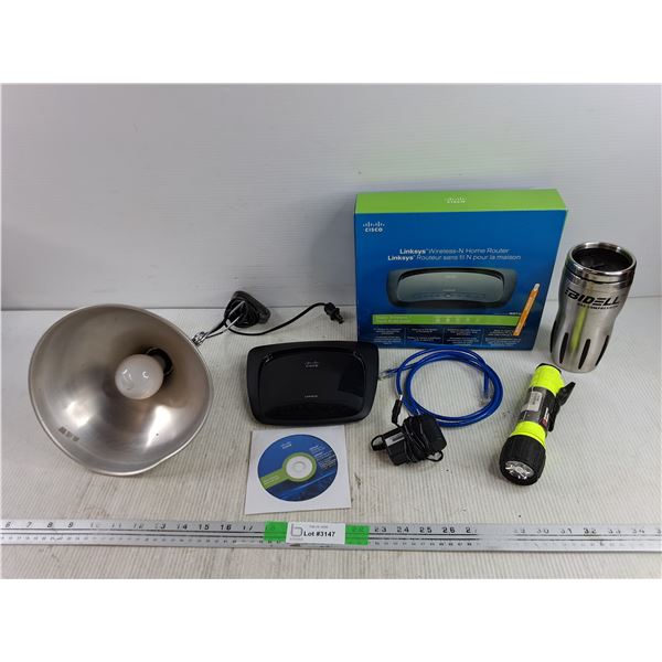 Heat Lamp - Powers On, As Is, Linksys Wireless N Home Router, Flashlight, Insulated Cup