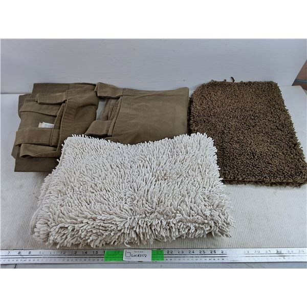 (2) Bathroom Mats 24" x 17", 34" x 22" (2) 100% Cotton Olive Green Drapes 74" x 49"