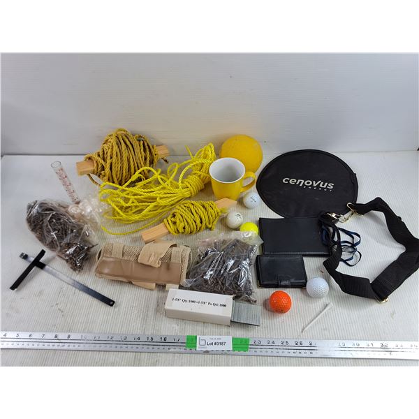 Screws, Ropes, Golf Balls, Ceramic Mug, 1 - 5/8" Staples, Wallet, Misc