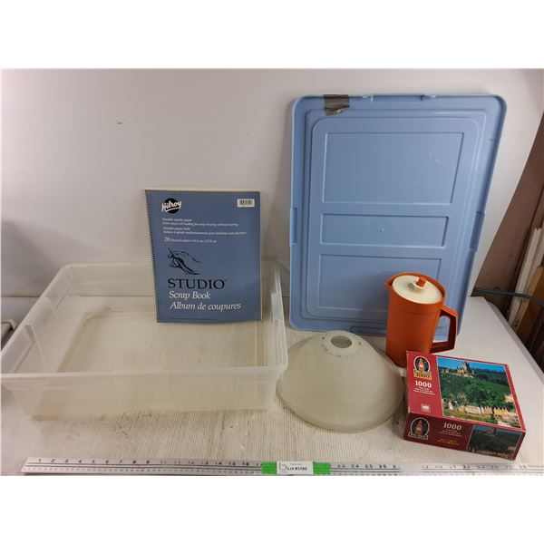 Tupperware Pitcher, 1000 pc Puzzle, Studio Scrap Book, Plastic Container 22" x 16" x 6", Lamp Shade