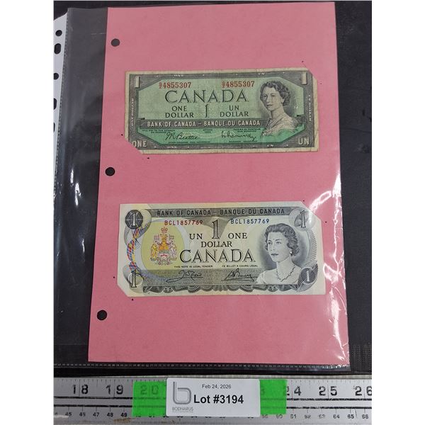Vintage Canadian 1 Dollar Banknotes - 1954 & 1973 - Collectible