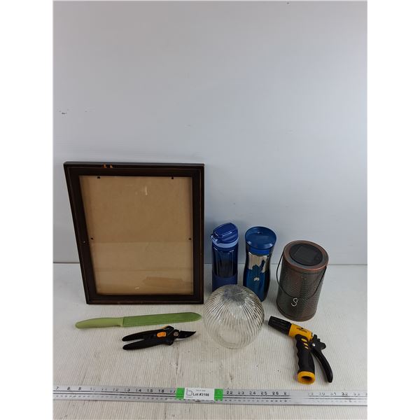Picture Frame 16" x 13", Water Bottles, Bread Knife, Fiskars Pruning Shears, Spray Gun, Misc