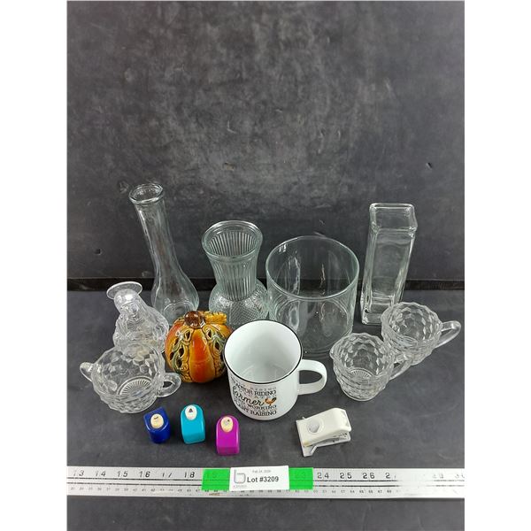 Glass Vases, Cream & Sugar Set, Paper Punches, Ceramic Mug, Misc