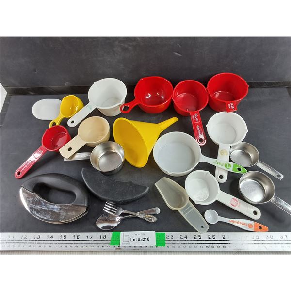 Assorted Measuring Cups, Dough Cutter, Funnel, Dessert Spoon & Fork