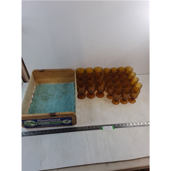 MCM Set of 28 Ravenhead Siesta Amber Glass Goblets (9-Large, 19-Small), Wooden Crate - PU Only