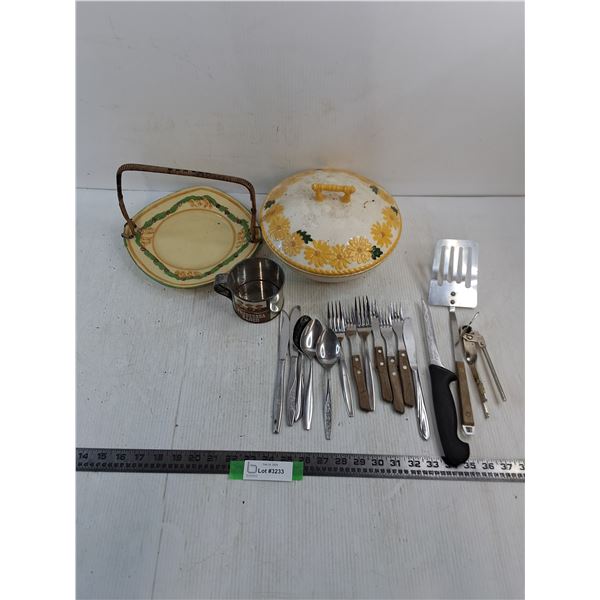 Vintage Ceramic Serving Dishes, Ponderosa Tin Mug, Assorted Cutlery & Utensils