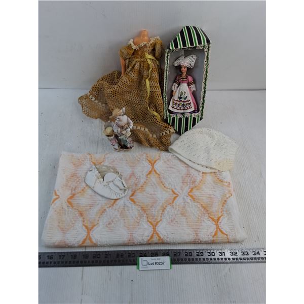 Vintage Dolls, Porcelain Cornucopia Lady, Sheer Table Cover, Baby Shoe & Bonnet