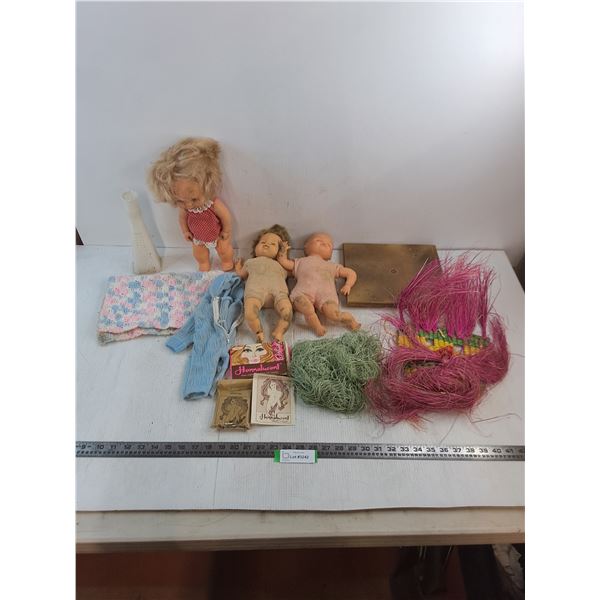 Vintage Lot - Dolls, Hennalucent Hair Conditioner, Wicker Mask, Vase, Misc.