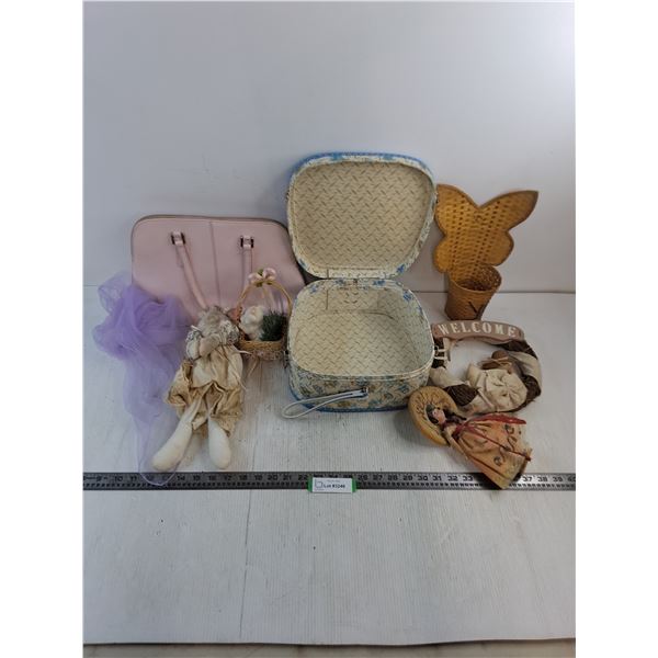 Vintage Lot - Purse, Suitcase, Dolls, Decor, Misc.