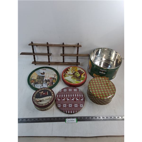 Vintage Wooden Display Rack, Assorted Tins