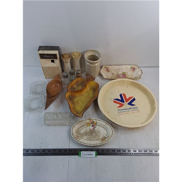 Assorted Vintage Dishes & Platters, Shakers, Vase, Magic Mist - Untested, Ash Trays, Misc.