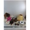Image 1 : Vintage Lot - Hanging Lamp, Cook Pot, Macrame Pot Holder, Faux Flower Bouquet,  Clock, Misc - PU