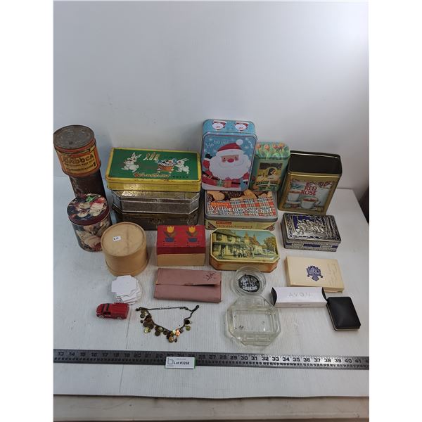 Assorted Vintage Tins, Wallet, Charm Bracelet, Ash Trays, Misc.