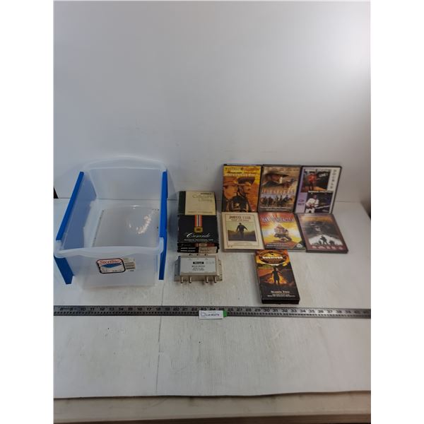 Sterilite Tote 9x17x8", DVD's, VHS, Multi-Switch, Vintage Recording Tapes