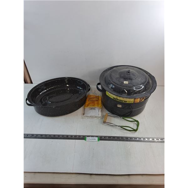 Enameled Roaster (16" x 12") & Canner (14" Diameter) w/Tongs, Cheesecloth - PICK UP
