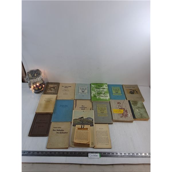 Large Quantity of German & English Antique & Vintage Books, String Light Vase Decor