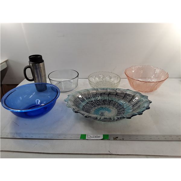 (5) Glass Bowls Up to 15.25" & Starbucks Travel Mug - PICK UP