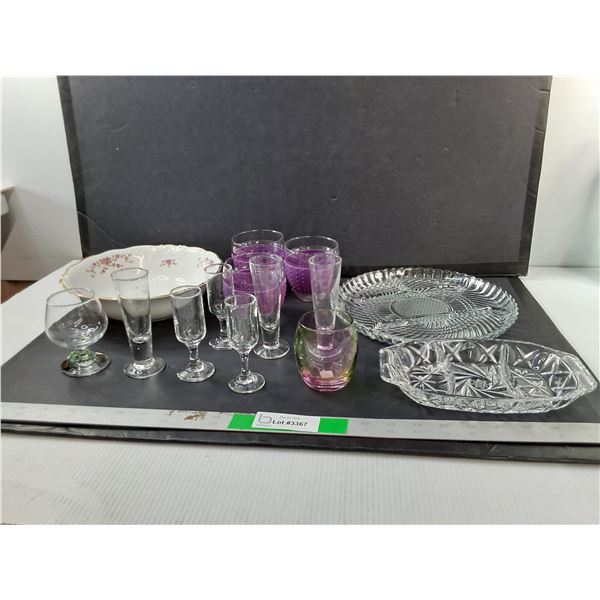 Mostly Glass Dish Lot- Divided Trays, Shot Glasses, Bowl, Misc - PICK UP