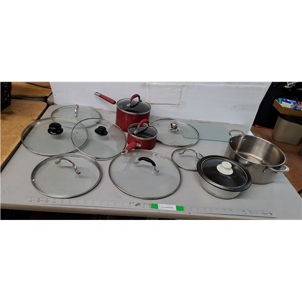 Kitchen Aid Pots, Lids, Glass Cutting Board- PICK UP ONLY