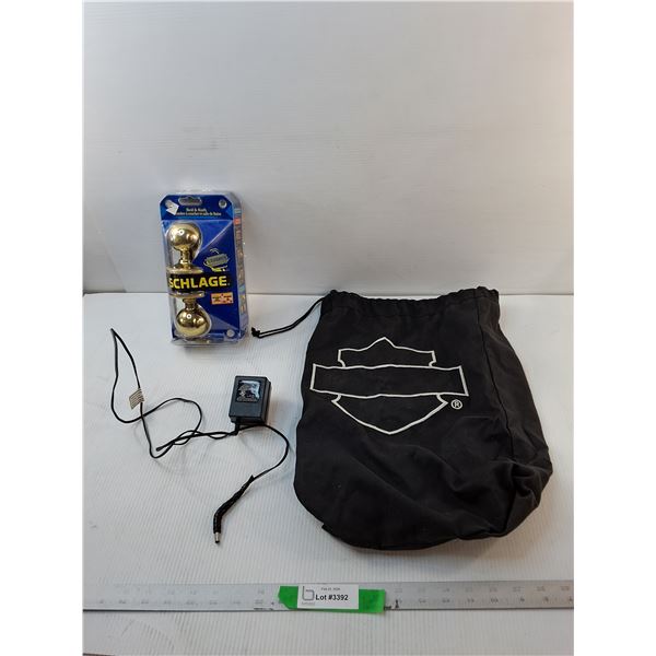 Harley Davidson Bag, Schlage Doorknob Set, AC/DC Adapter
