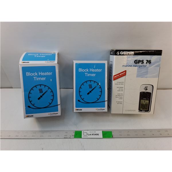 (2) Woods Block Heater Timers & Garmin Marine Navigator- As Is