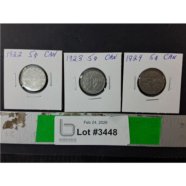 (3) Antique Canadian Five Cent Coins- 1922-24