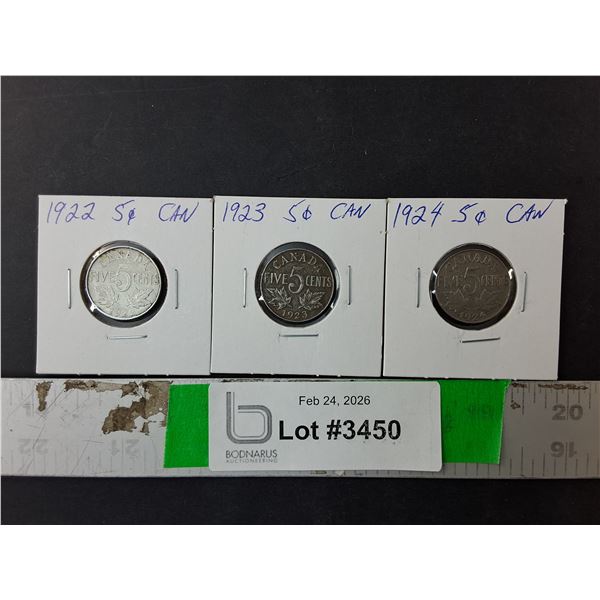 (3) Antique Canadian Five Cent Coins- 1922-24