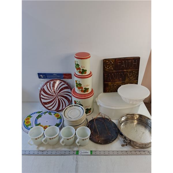 Assorted Kitchenware- Burner Covers, Saucers, Mugs, Toaster, Tupperware,Tins - PICK UP