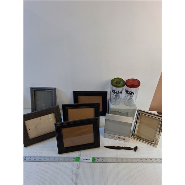 Assorted-(7) Picture Frames, Letter Opener, Index Card Holder, Cups w/Lids, Letter Opener