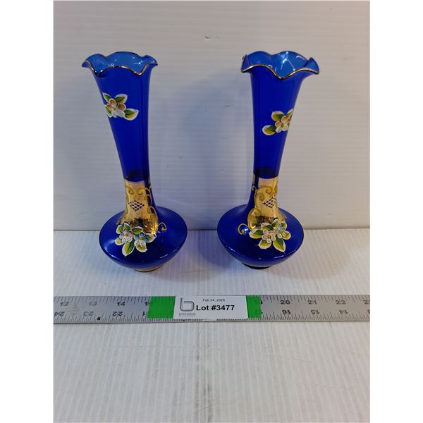(2) Vintage Bohemian Cobalt Blue Glass Vase- Czechia - PICK UP