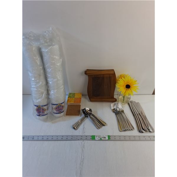 Assorted- Cutlery, Coasters, GW Plastic Cups, Decor