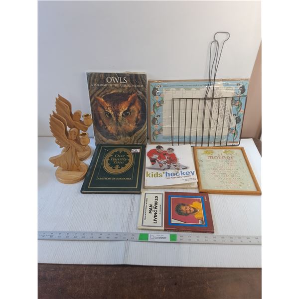 Assorted- Wooden Angel Candle Holders, Books, Camp Cook Item, Picture/ Wall Decor, Dry Erase Board