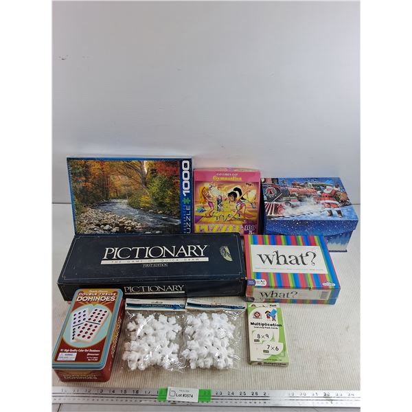 Assorted Puzzles, Games & Foam Snowflakes - Pictionary, What?, Double Twelve Dominoes