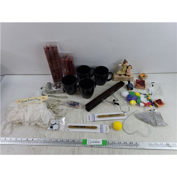 Candlesticks, Ceramic Mugs, Fujifilm Camera - As Is, Assorted Crafting Supplies