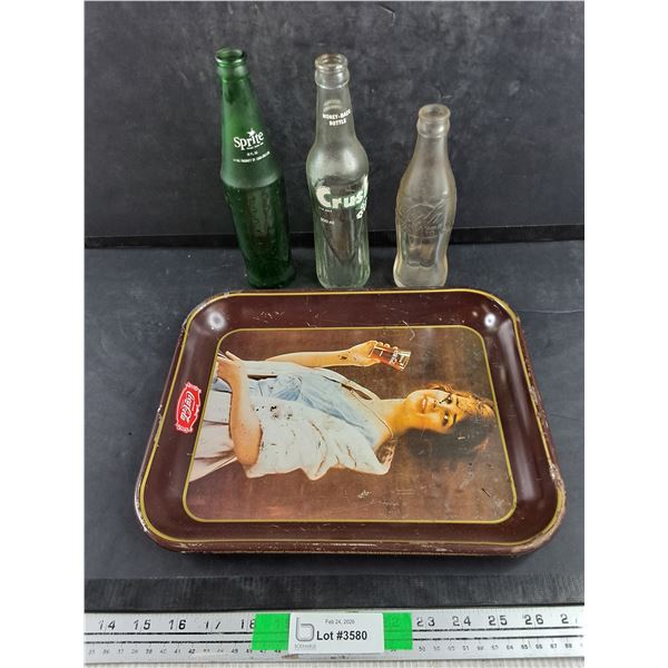 Coca Cola Serving Tray 13" x 11", Vintage Glass Bottles - Crush, Coca Cola & Sprite