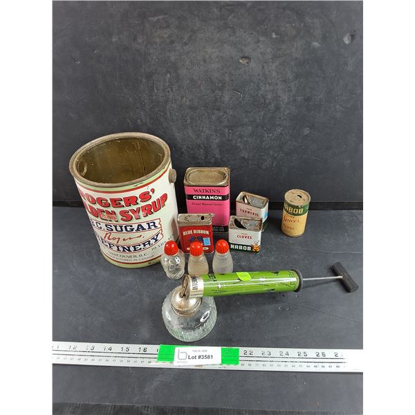 Assorted Vintage Cans, Salt & Pepper Shakers, Bug Sprayer - Blue Ribbon, Nabob, Watkins