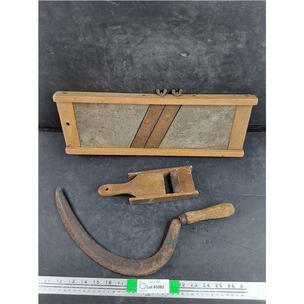 Vintage Sickle, Wooden Slicer, Cabbage Slicer