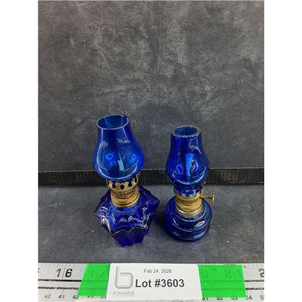 (2) Miniature Cobalt Blue Glass Kerosene Lamps