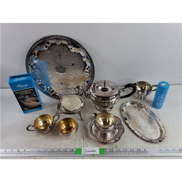 Silverplate Tea and Cream & Sugar Serving Set, Silversmith's Gloves, Dry Silver Polish