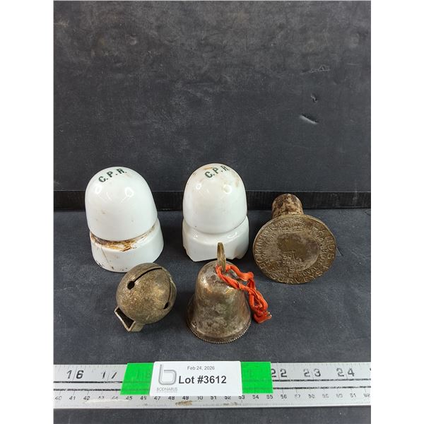 C.P.R Ceramic Insulators, Cow Bells, Brass Dominion Lands Surveys Stamp