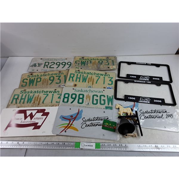 Assorted Saskatchewan License Plates, Front Plates, Warman Plate Frames, Door Bell
